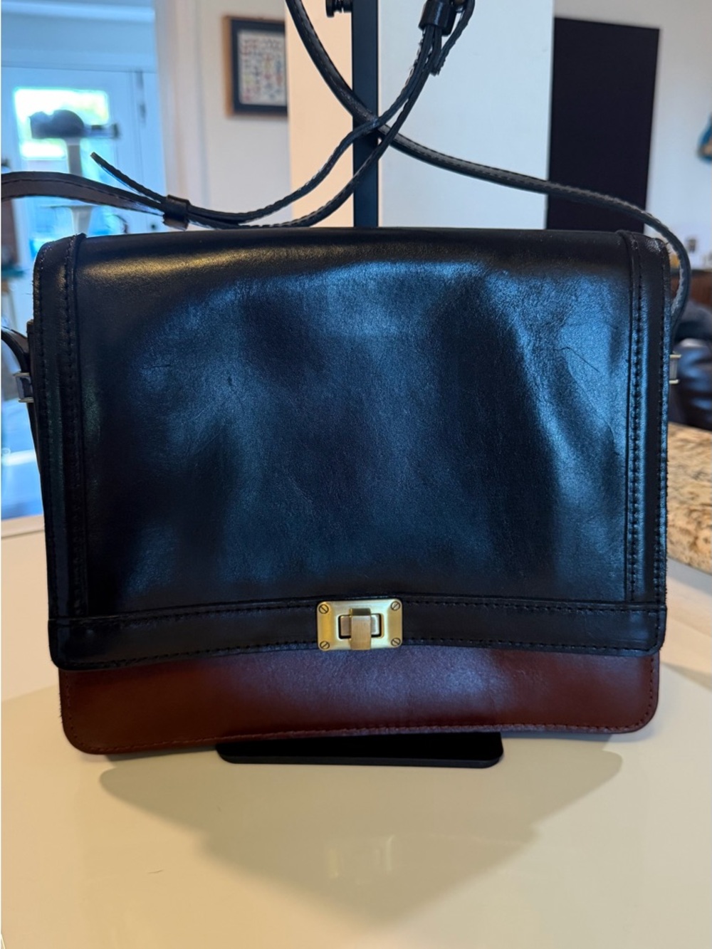 Patricia Nash Black and Brown Leather Crossbody Bag with Gold Tone Hardware
